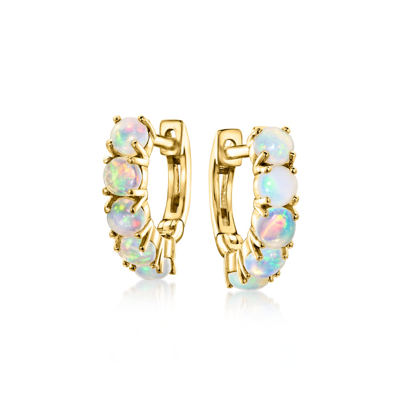 14kt yellow gold opal huggie hoops with three oval opal stones and hinged backs