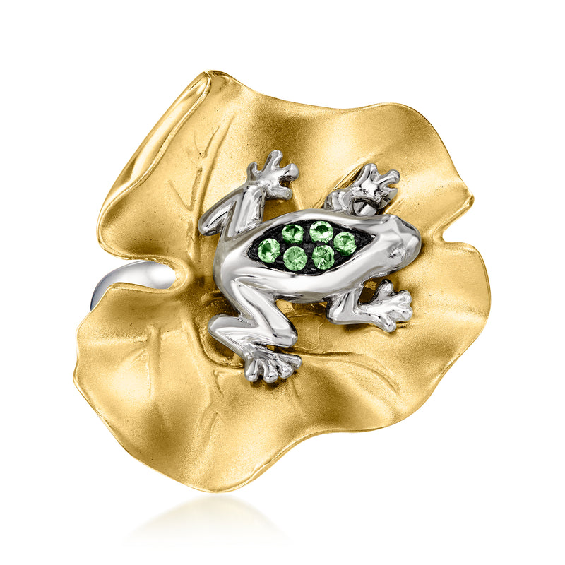 Frog ring in gold-look and silver-tone with green gemstone belly