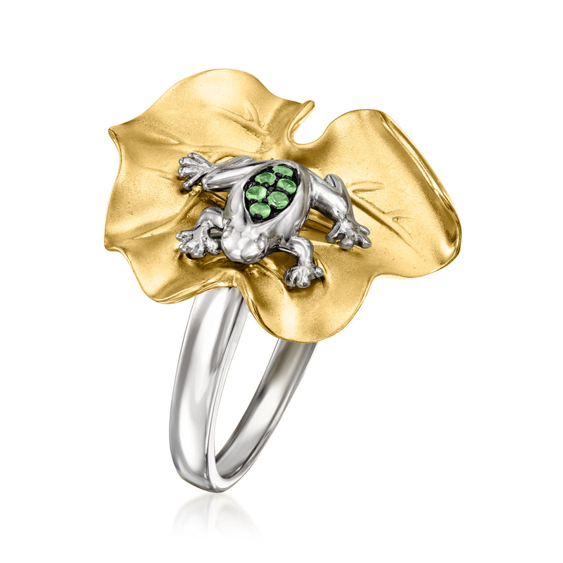 Gold-and-silver frog ring with oval green gemstone and raised legs