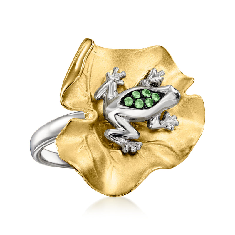 Frog head ring with silver-tone details, gold-look body, and green gemstone