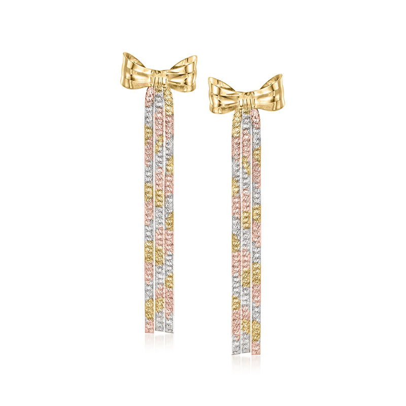 Vintage 14kt tri-color gold bow drop earrings with long striped dangles