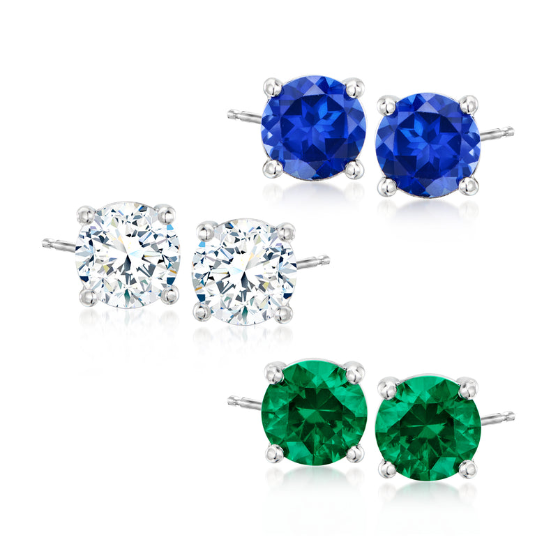 Sterling silver stud earrings set with blue, white, and green simulated gemstones