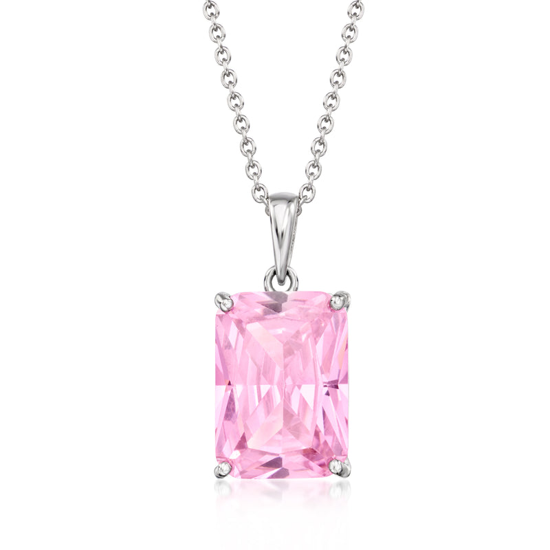 Sterling silver pendant necklace with pink faceted square simulated sapphire, 4-prong setting