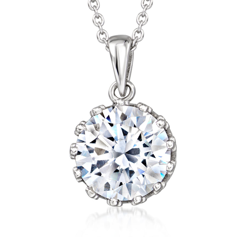 Sterling silver CZ crown pendant necklace with round clear center stone