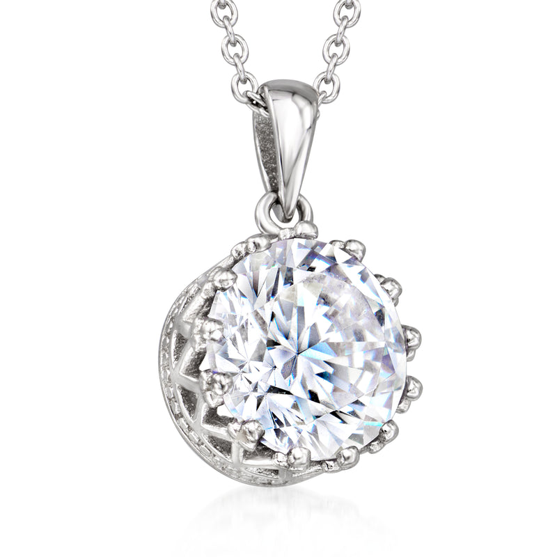 Sterling silver CZ crown pendant necklace with large round clear stone halo