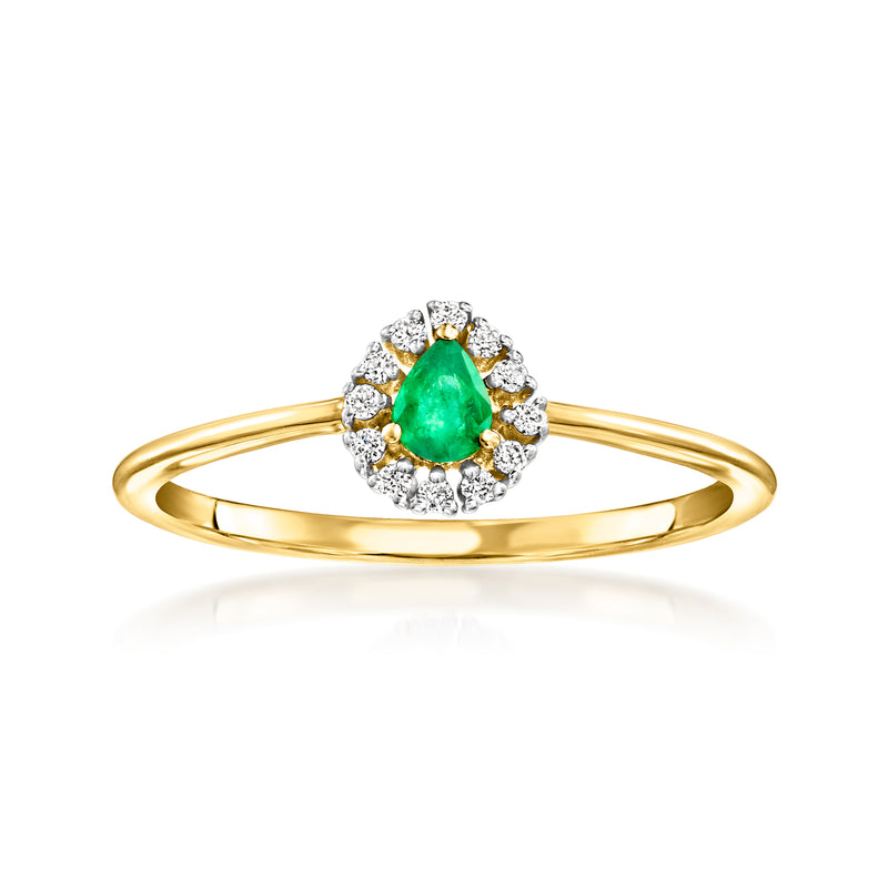 10kt yellow gold ring with emerald center stone and diamond halo