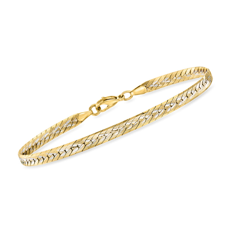 Gold chain bracelet with two-tone woven link texture and clasp