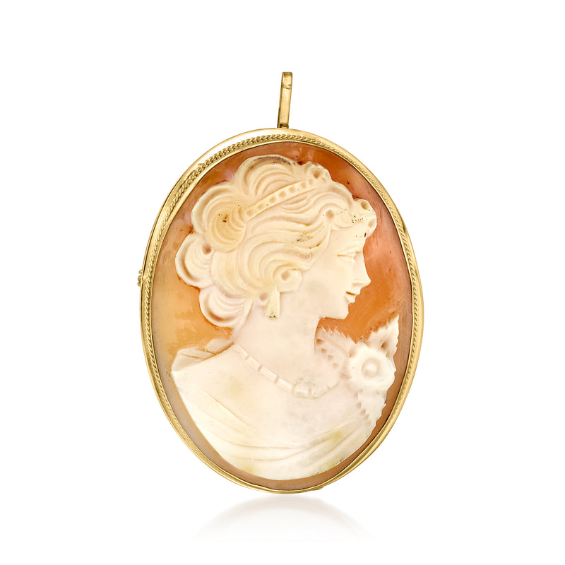 Vintage 14kt yellow gold oval cameo pendant with orange shell portrait in white