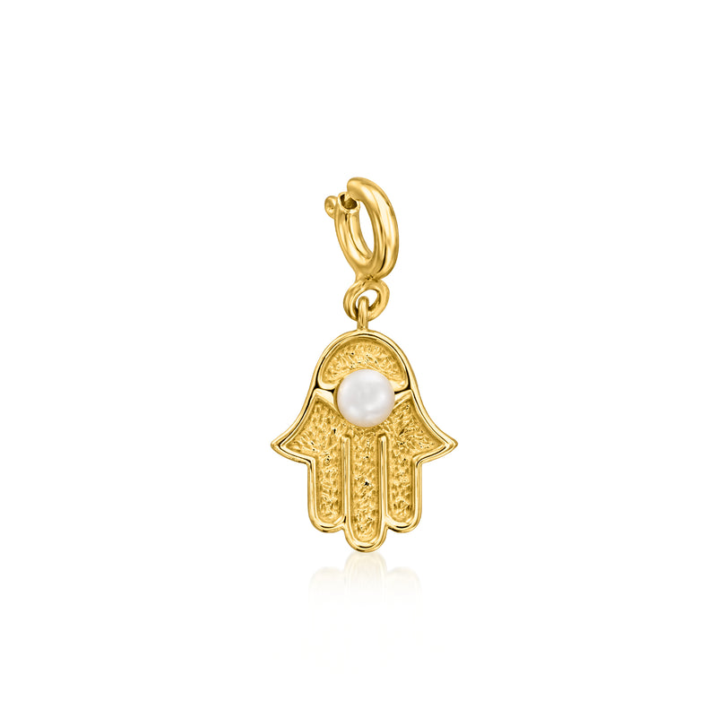 18kt gold over sterling hamsa charm with cultured pearl and loop bail