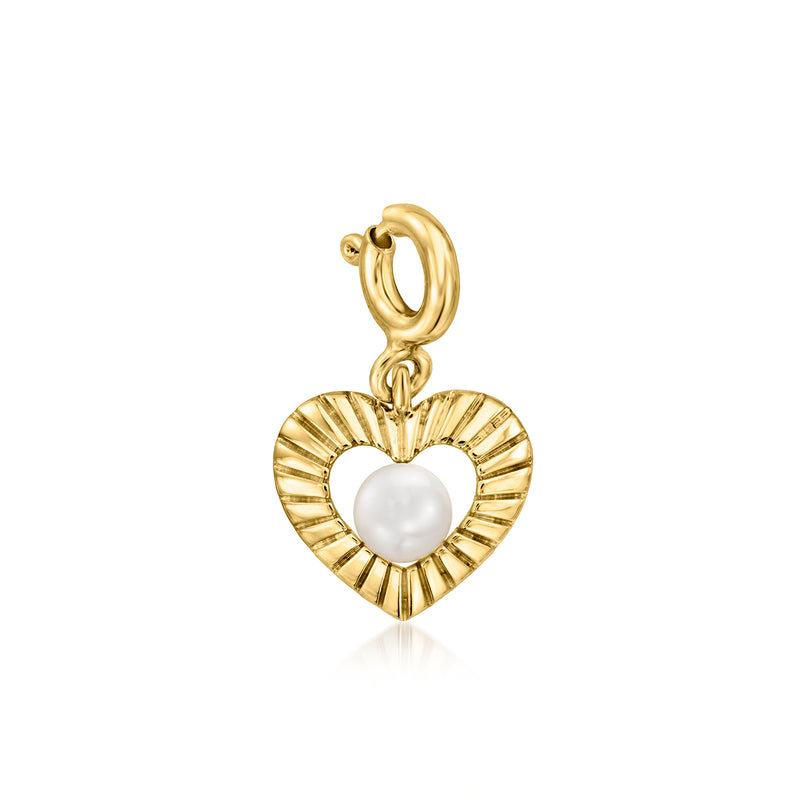 Heart charm with white cultured pearl and gold textured heart, 18kt gold over sterling