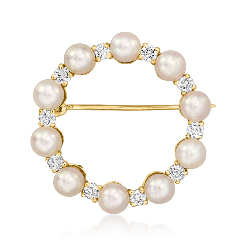 14kt yellow gold circle pin with cultured pearls and small diamond accents