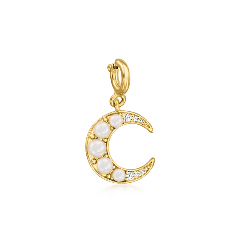 Gold crescent moon charm with cultured pearls and white topaz accents
