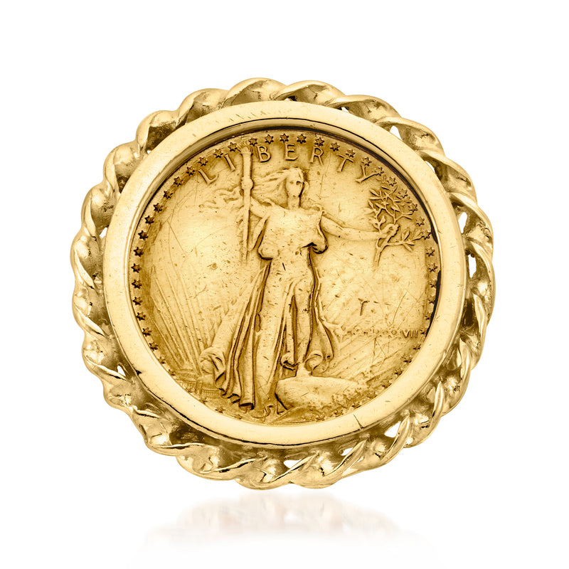 Vintage yellow gold coin ring with Liberty figure and ridged rope-like bezel