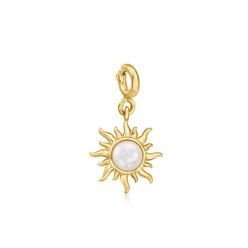 Gold sun charm with white cultured pearl center and bail loop