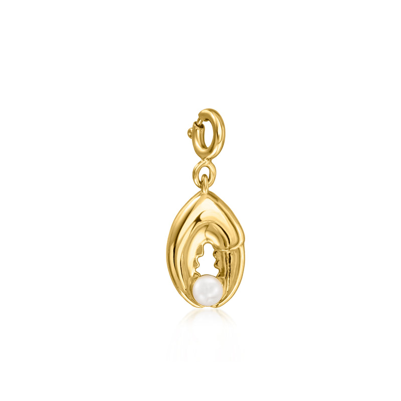 Gold lobster claw charm with cultured pearl inset, 18k gold over sterling
