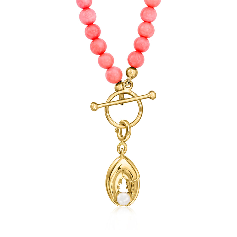 Lobster claw charm with cultured pearl and coral bead necklace strand