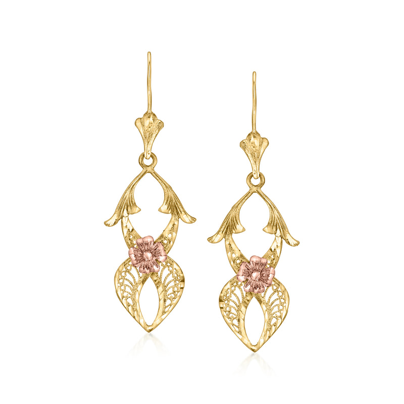 Two-tone gold openwork flower drop earrings with leaf motifs, on earwire hooks