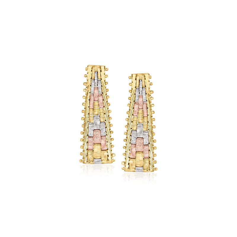 Tri-colored gold drop earrings with pink and white inlay, vintage fringe design