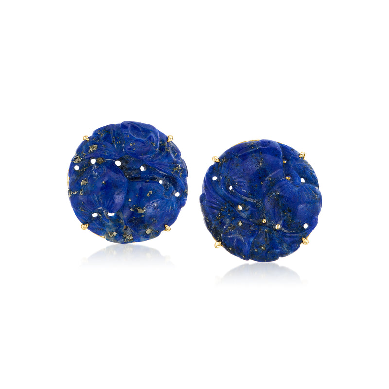 Pair of carved lapis lazuli cabochon stud earrings in 14kt yellow gold, blue