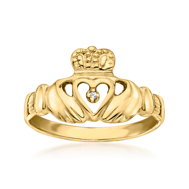 10kt yellow gold Claddagh ring with heart motif and single diamond accent