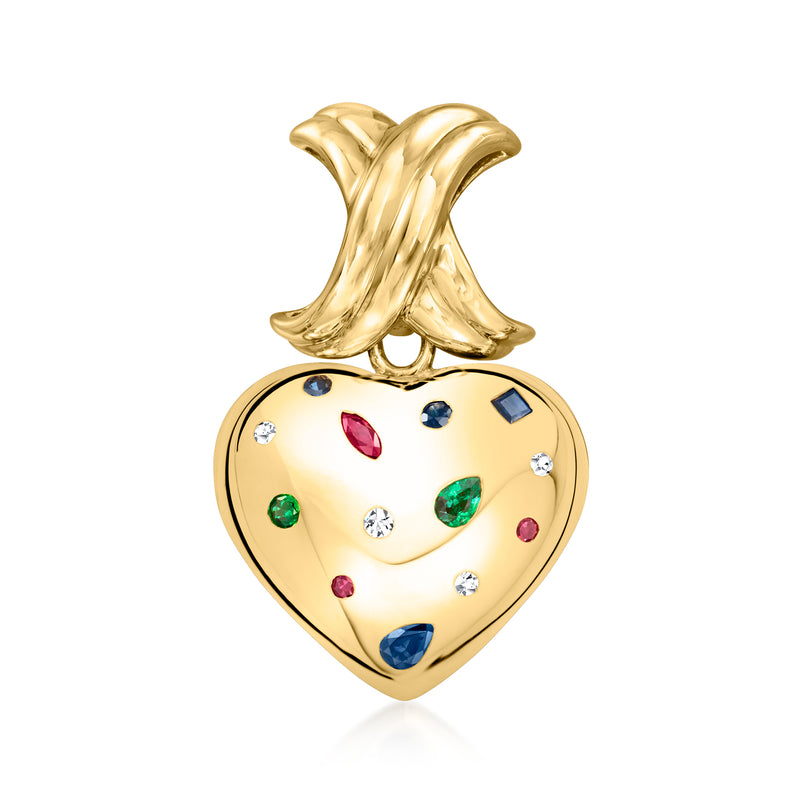 14kt yellow gold heart slide pendant with colorful gemstones and diamond accents