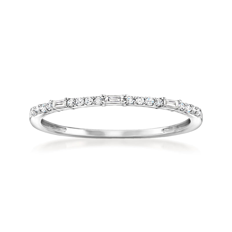 Sterling silver diamond ring with alternating round and baguette stones