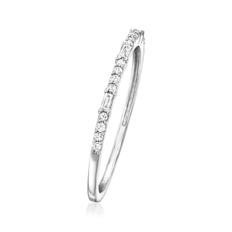 Sterling silver diamond ring with slender band and baguette and round stones
