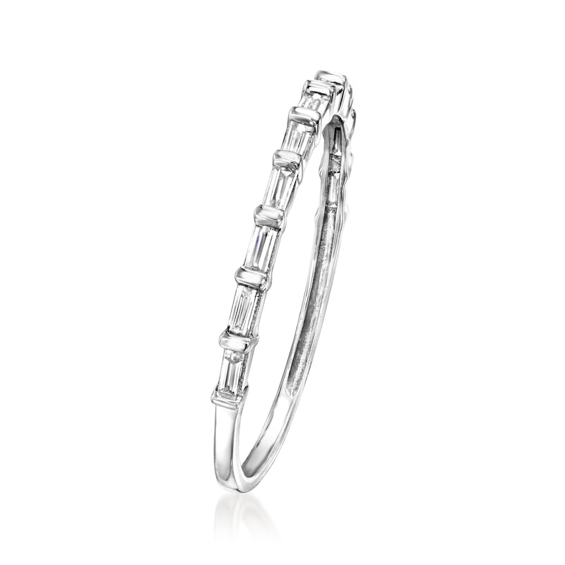 Sterling silver baguette diamond band ring side view with prong-set baguette stones