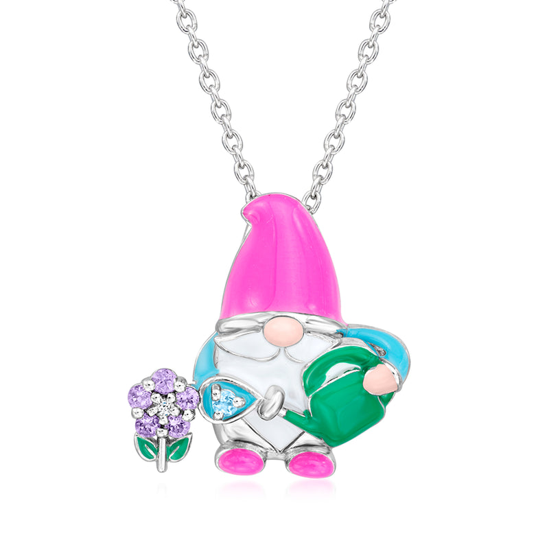 Sterling silver gnome pendant necklace with multicolored enamel and link chain