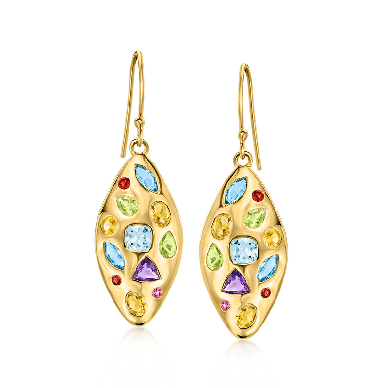 Gold tone teardrop drop earrings with multicolor gemstones on earwire hooks
