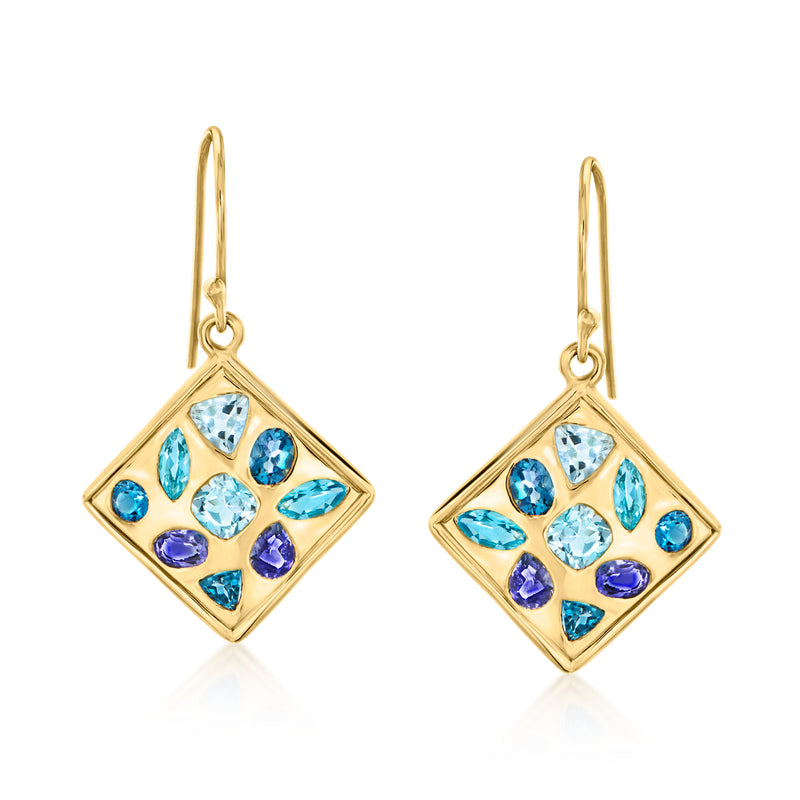 18kt gold over sterling drop earrings with blue and purple gemstone diamond dangles