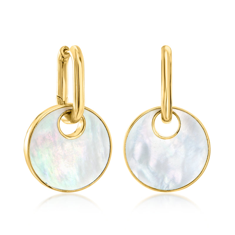 Reversible hoop drop earrings with round mother-of-pearl discs and gold-toned frames