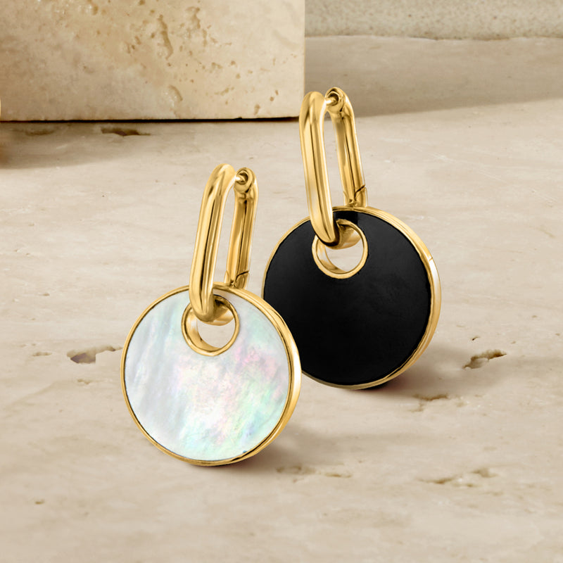 Reversible hoop drop earrings with mother-of-pearl and black onyx round discs