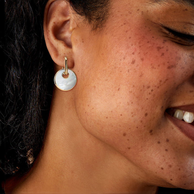 Hoop drop earrings with round mother-of-pearl disc and gold-toned hook