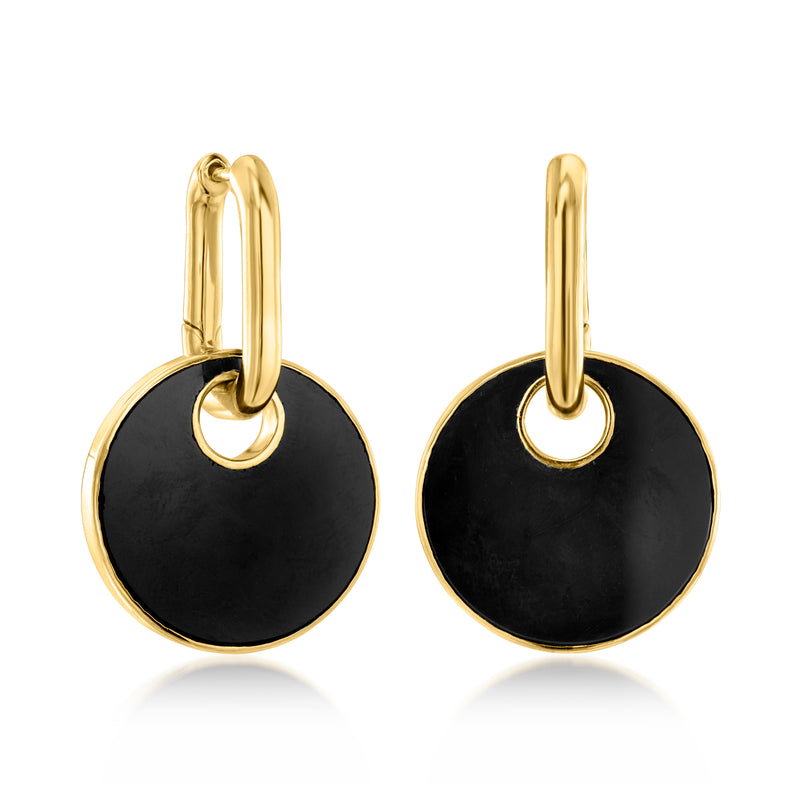 Reversible hoop drop earrings with black onyx discs and gold-toned circular edging