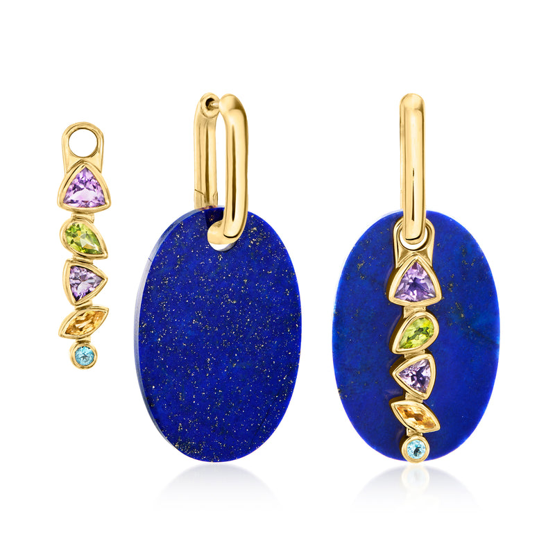Gold over sterling drop earrings with blue oval lapis stone and small multicolor gems