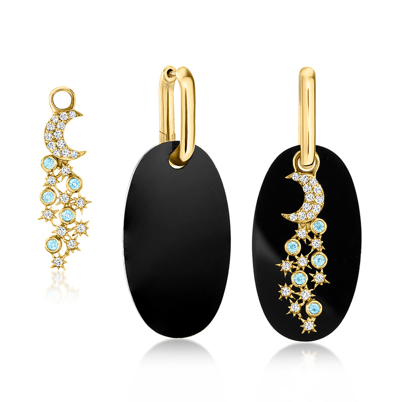 Gold hoop drop earrings with black onyx and blue-and-white gemstone moon-and-star drops