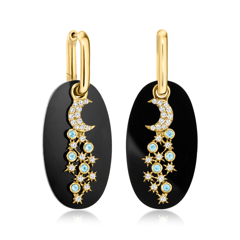 Gold hoop drop earrings featuring black onyx ovals with blue-and-white moon and star clusters