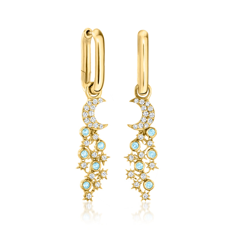 Gold hoop drop earrings with blue-and-white gemstone crescent moon and star cluster dangles