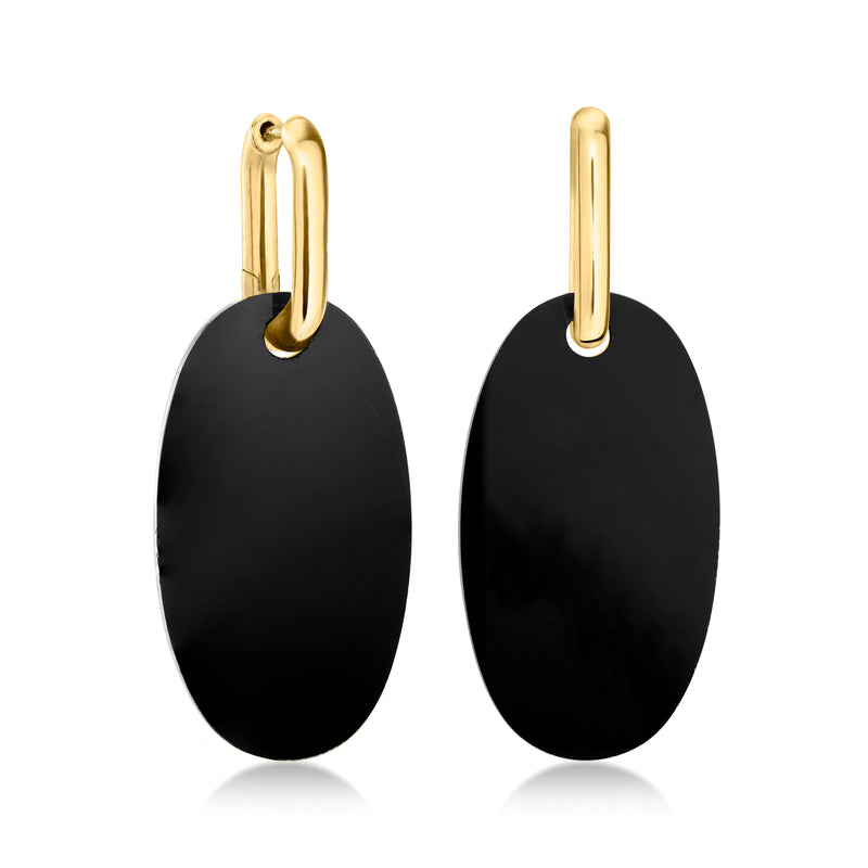 Gold hoop earrings with smooth black onyx oval drops