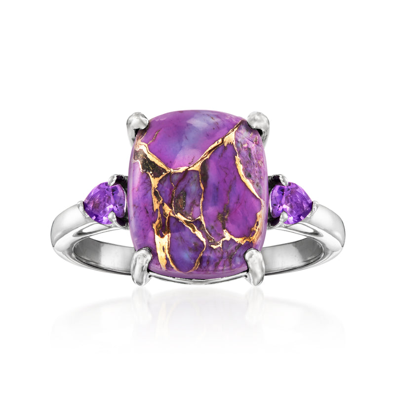 Sterling silver amethyst ring with oval purple gemstone, gold matrix, and side purple stones.