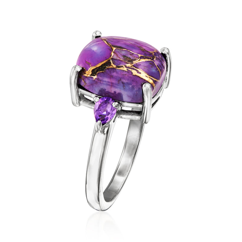 Sterling silver amethyst ring with oval purple center stone, gold matrix, and purple side accents.
