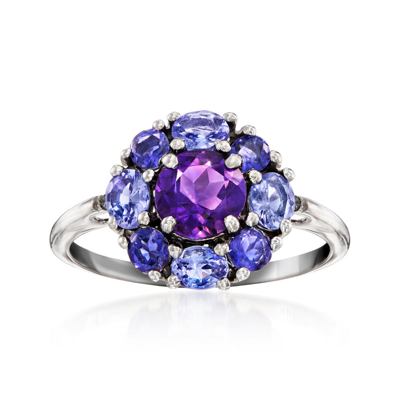 14kt white gold ring with oval purple center gemstone, blue side stones, diamond accents