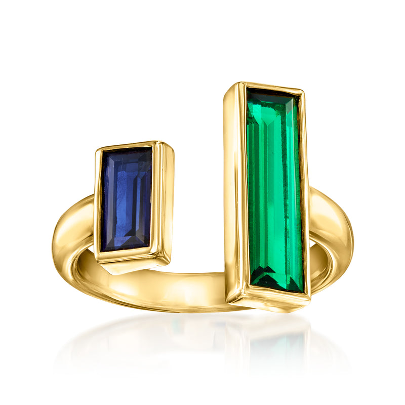 Gold vermeil wrap ring with green emerald and blue sapphire rectangular stones
