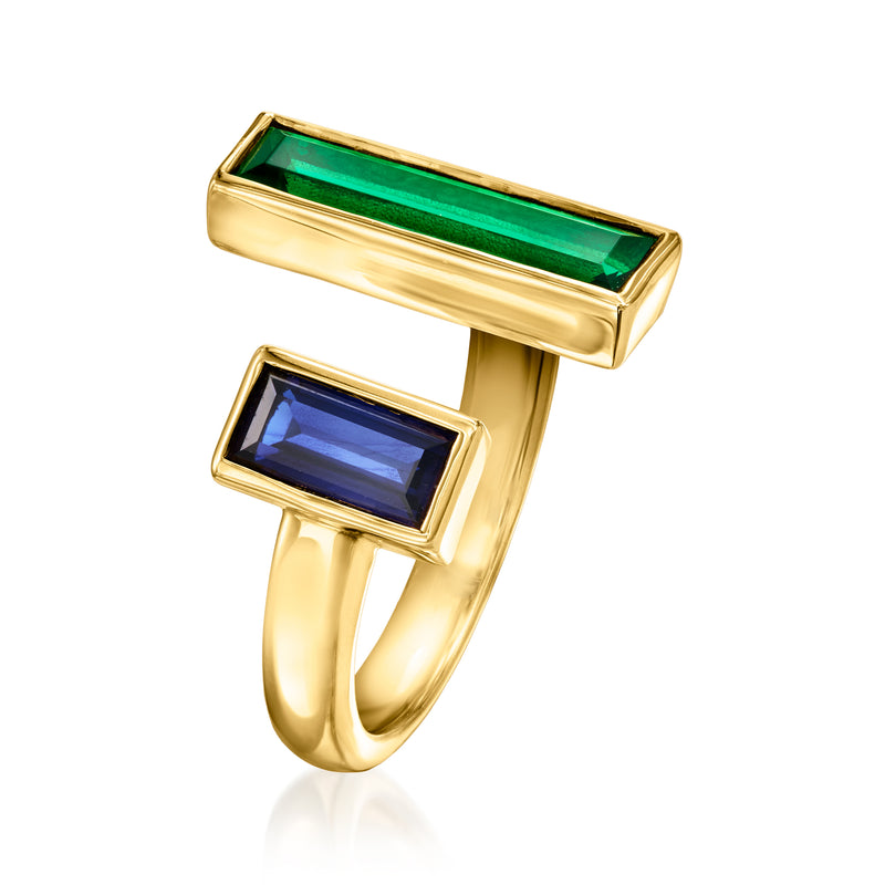 Gold vermeil open wrap ring with green emerald top and blue sapphire accent