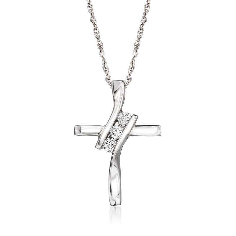 Diamond cross pendant necklace in white gold with split cross and center stones
