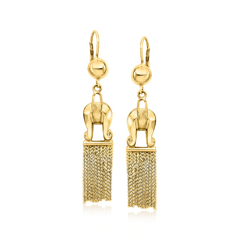 Vintage yellow gold drop earrings with textured mesh tassel fringe and earwire