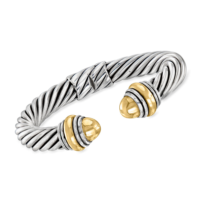 Vintage cuff bracelet in sterling silver with 14kt yellow gold accents and ribbed design