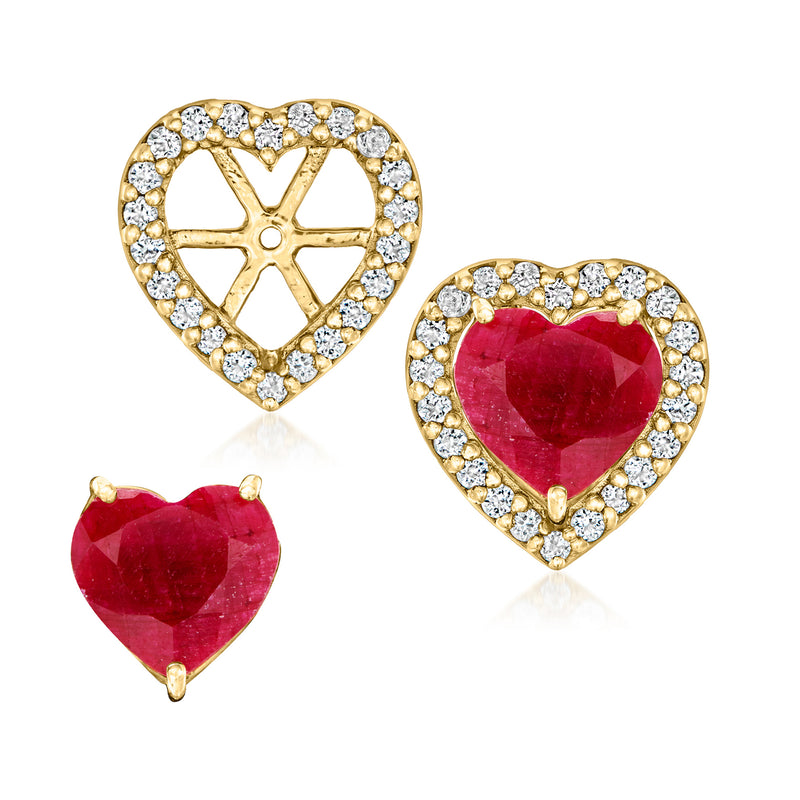 Heart earrings with red gemstone and crystal halo, gold over sterling, post back