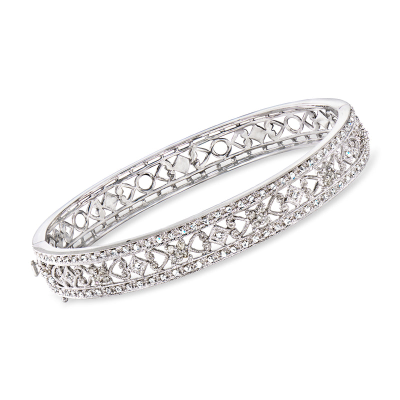 14kt white gold diamond openwork bangle bracelet with prong-set stones, hinged style